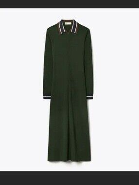 Tory Burch Dark Green Long Sleeve Dress with Striped Collar